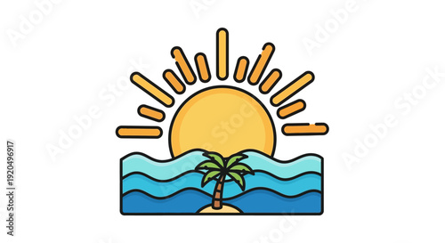 Stylized Sun Setting Over Tropical Island.