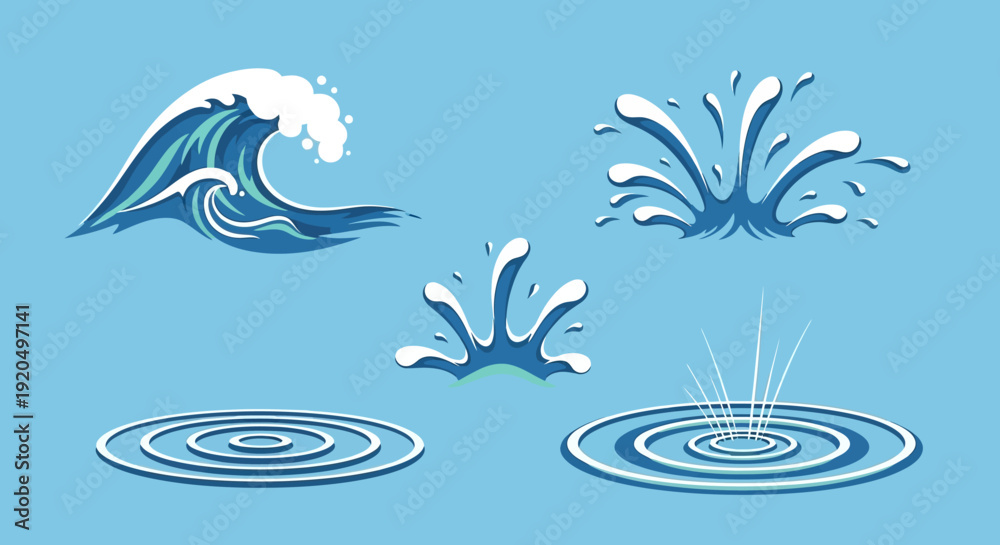 Obraz premium Water Ripples and Wave Set Vector Illustration