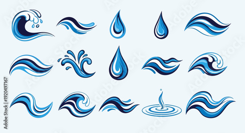 Set of Blue Water Wave and Drop Icons: Abstract Splash, Swirl, and Ripple Designs