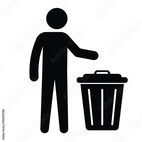 Black silhouette icon showing a person disposing of waste in a trash can with an open lid. Professional graphic for sanitation and housekeeping.
