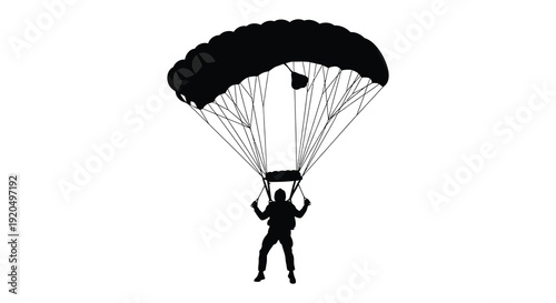 A dramatic depiction of a skydiver in mid air appearing as a striking black shape against a white background silhouette