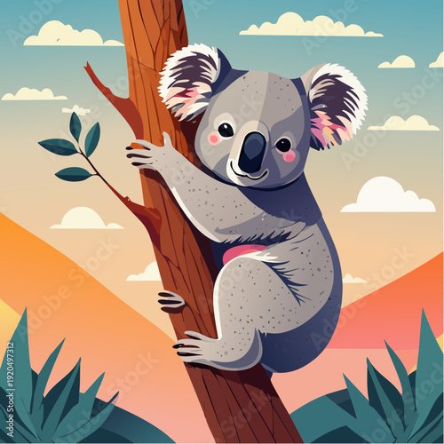 Adorable koala clinging to a tree branch with a vibrant sunset sky in the background
