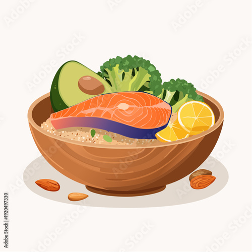 Healthy Food Bowl with Salmon, Avocado, Broccoli, and Nuts