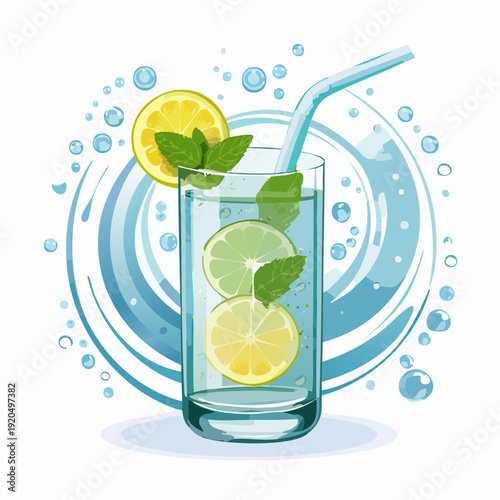 Refreshing glass of cool water with mint and lime slices and ice