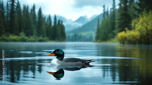 Duck swimming in serene lake surrounded by mountains