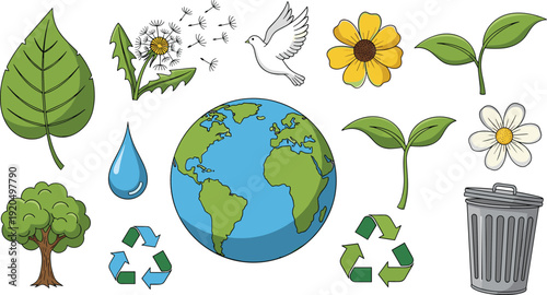 Environmental protection icons vector set with earth leaves flowers recycling symbols water drop and trash can