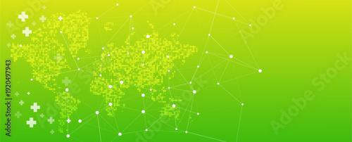 Abstract banner with a dotted world map, plexus network, and plus signs. Concept of global health, medical technology, and digital communication.