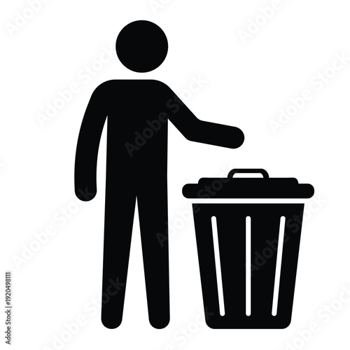 Black silhouette icon showing a person disposing of waste in a trash can with an open lid. Professional graphic for sanitation and housekeeping.