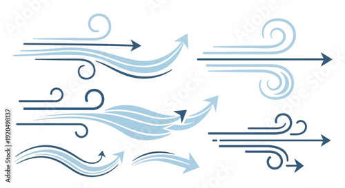 Wind direction arrows, air flow vector icons set