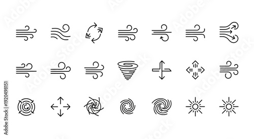 Wind Icons Set: Weather, Air Flow, Breeze Vector Symbols