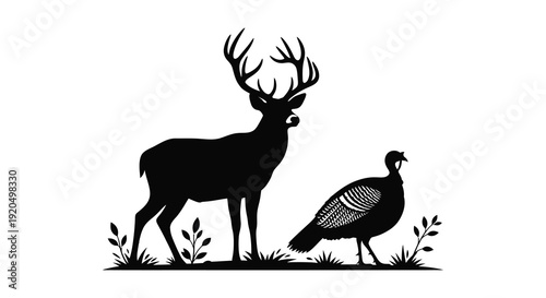 A striking black silhouette depicts a majestic deer standing alongside a wild turkey in nature silhouette high quality professional