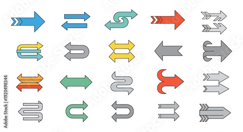 A collection of colorful stylized arrows in varied orientations and designs forming a graphic pattern silhouette high quality professional detailed modern