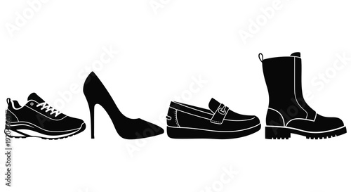 A striking arrangement of four different shoe silhouettes a sneaker stiletto loafer and boot in black silhouette high quality professional detailed