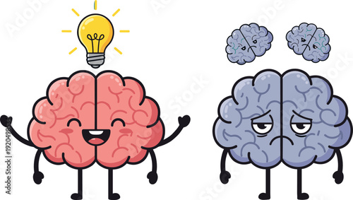 Creative and stressed brain cartoon characters vector illustration with light bulb idea and mental health concept
