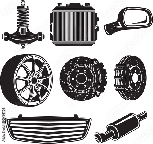 Black and White Car Engine Parts Set with Suspension and Radiator Vector Illustration