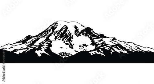 A striking black and white illustration depicts a majestic mountain range with detailed shading presented as a silhouette