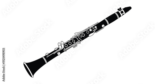 A detailed illustration showcases a black clarinet against a white backdrop emphasizing its musical form silhouette high quality professional