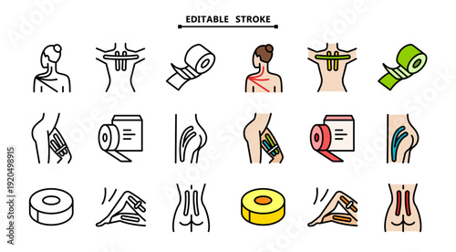 Kinesiology Tape Icon Set: Color Editable Symbols for Athletic Training and Recovery