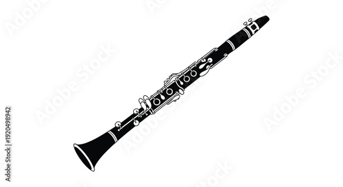 A detailed illustration depicts a black clarinet laying diagonally on a white background presented as a silhouette high quality