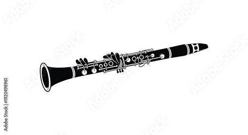 A detailed black illustration showcases a wooden clarinet with numerous keys and intricate detailing silhouette high quality professional modern
