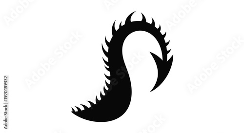 A striking black silhouette depicts a stylized dragon like creature with a curled tail and sharp spines silhouette high quality