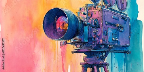Vibrant watercolor illustration of a vintage film camera in blue and purple hues on a colorful abstract background, concept for cinema industry, film festival promotion and media production