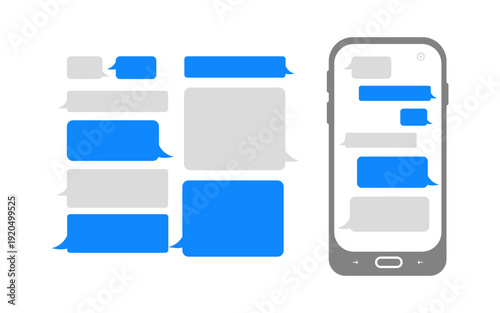 Wallpaper Mural A set of blank vector chat bubbles and a smartphone mockup displaying a messaging app interface. A versatile template for communication, social media, and UI design concepts. Torontodigital.ca