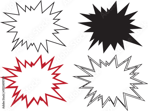 Collection of four explosion burst shapes in different colors