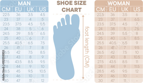 Shoe size chart with foot length diagrams for men and women in CM, EU, UK, and US units