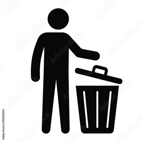 Black silhouette icon showing a person disposing of waste in a trash can with an open lid. Professional graphic for sanitation and housekeeping.