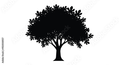 A strikingly detailed black silhouette of a lush full tree with many leaves and branches silhouette high quality professional