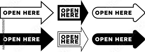 Signs showing open here arrows in different styles for guiding users on package opening
