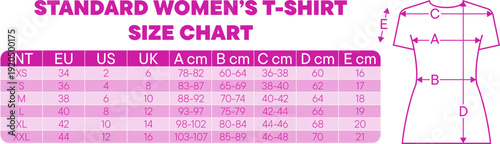 This chart displays standard women's t shirt sizes with measurements in centimeters and inches