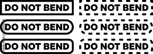 Six versions of a do not bend label in solid and dashed rectangular frames for packaging