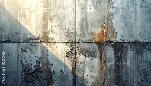 Rustic concrete wall with peeling paint and sunlight casting shadows on a weathered surface from a high angle viewpoint