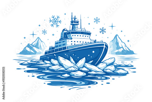 Arctic icebreaker ship navigating through frozen sea with mountains and snowflakes, blue monochrome illustration of polar exploration and winter maritime adventure.