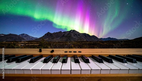 Piano Keyboard Under Vibrant Aurora Borealis Sky Over Mountains.