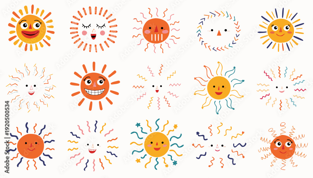Fototapeta premium Very beautiful hand-drawn doodle sun collection showcasing smiling cartoon faces and playful ray variations in clean outline style, perfect for children’s books, classroom materials, and cheerful crea