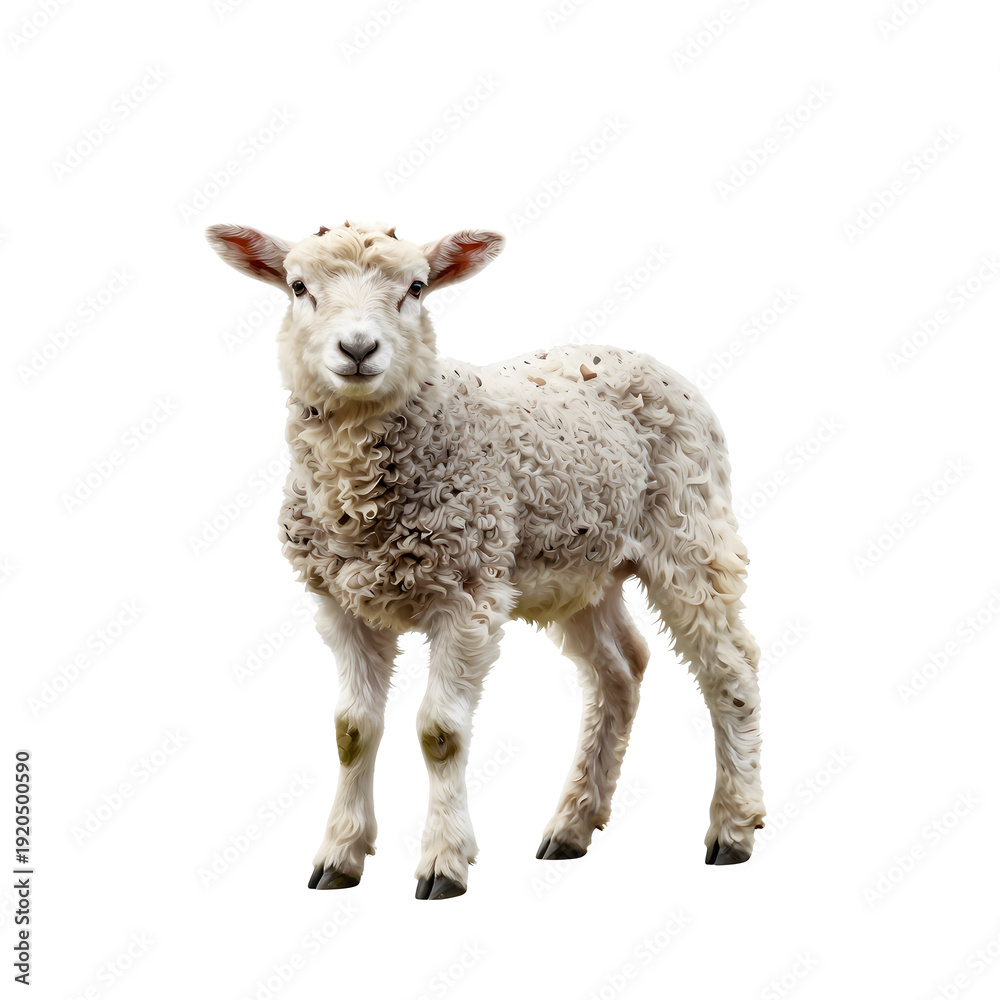 Fototapeta premium Fluffy lamb stands isolated against a plain white backdrop looking forward