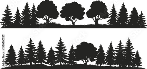 Collection of forest tree silhouettes in vector style, featuring coniferous and deciduous species for landscape, ecology, botanical, educational, and artistic design use