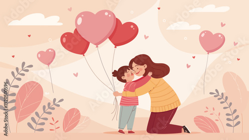 Loving mother kneeling hugging and kissing her little child surrounded by heart shaped balloons and flowers on a soft pink background