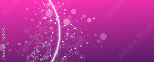 Abstract banner with a glowing plexus network, connected dots, and gears on a vibrant pink and purple gradient background. Concept of technology and engineering.