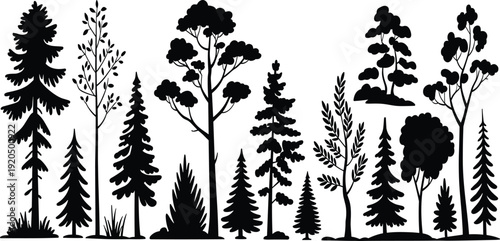 Collection of various tree silhouettes in vector style, featuring coniferous and deciduous species for botanical, forestry, landscape, educational, and artistic design use