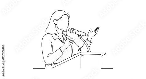 A continuous line drawing depicts a woman speaking into a microphone at a podium a striking silhouette high quality professional detailed