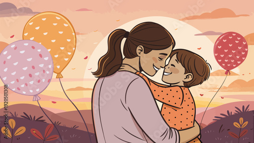 Mother and child bonding moment with balloons at sunset warm illustration of love and connection