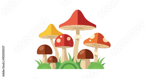 A colorful assortment of stylized mushrooms with varying caps and stems presented as a flat silhouette high quality professional detailed modern