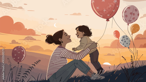 Mother and child bonding moment with colorful balloons at sunset hillside