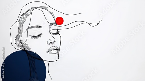 Minimalist Line Art Portrait of a Woman with a Red Dot on Forehead and Blue Circle Accent Against a White Background Subtle Abstract Aesthetic