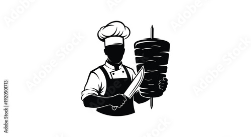 A chef in traditional attire proudly displays a large doner kebab skewer presented in striking silhouette high quality professional detailed modern
