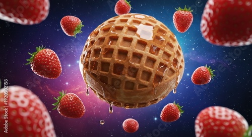 A waffle planet surrounded by strawberries in space, dripping with syrup.